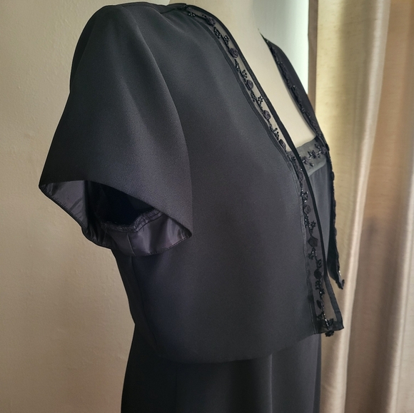 JR Nites by Caliendo 2 Piece Dress Knee Length Bolero Jacket Black Lace Rosette - Picture 2 of 12